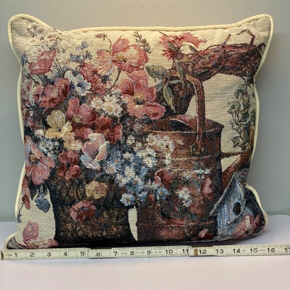 Vintage Spring Tapestry Throw Pillow With Floral & Rustic Design Watering Can - Picture 8 of 8